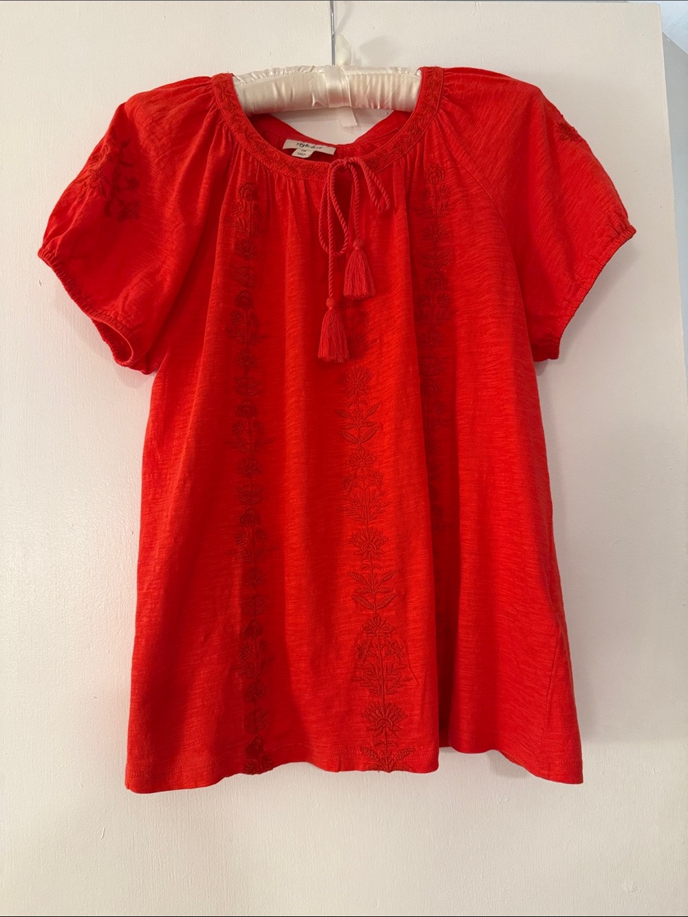 Women's Red-Orange Embroidered Short-Sleeve Peasant Top
